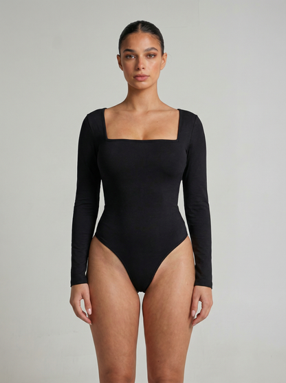 Body sculptant col carré femme noir manches longues, vue de face